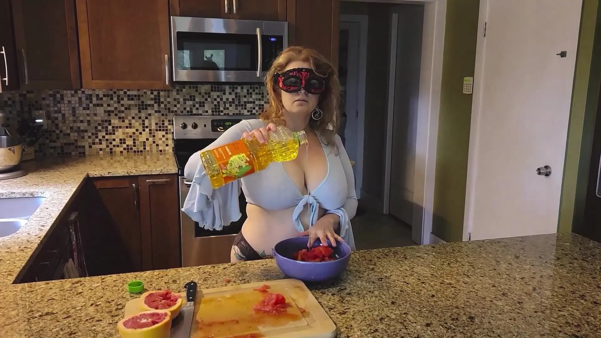 Slicing and crushing Food and RUBBING it into MY BIG MILF BOOBS watch online